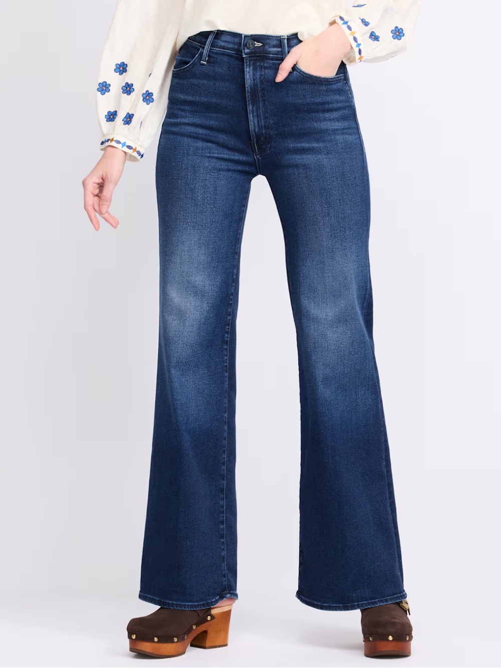 Mother The Hustler Roller Sneak Jeans 32 Mint Condition Wash Wide Leg High Rise